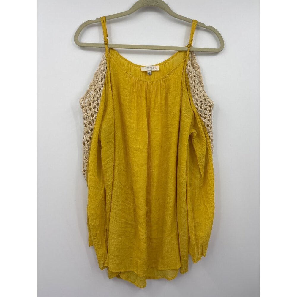 Umgee Cold Shoulder Crochet Gauze Blouse Top Boho Peasant Yellow 1XL